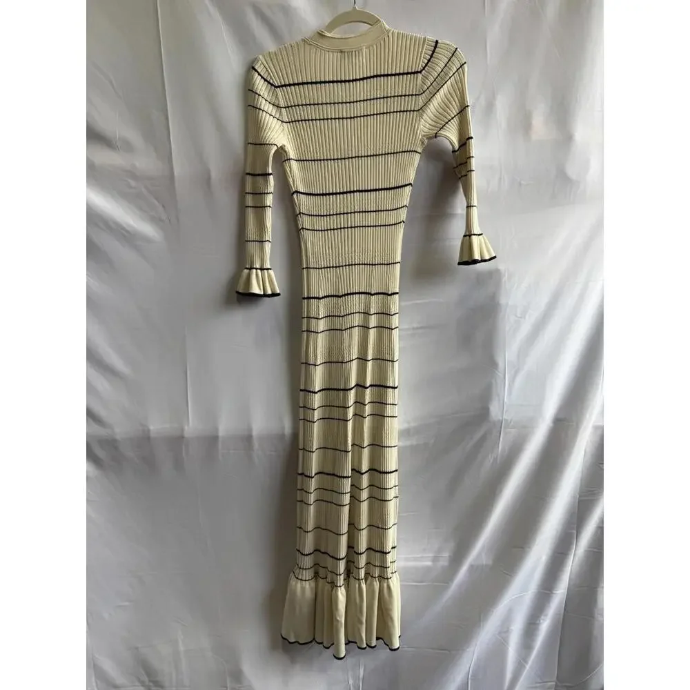 Sandro White Striped Knit Maxi Dress Size 36 with Fabric Pull - Picture 5 of 10